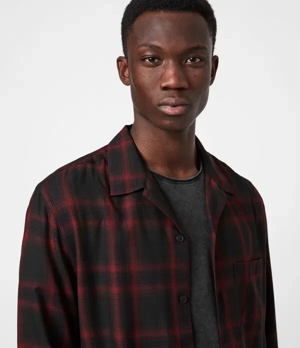 Allsaints L42224 Mens Black Red Plaid Westel Casual Relaxed Shirt Size L image 7