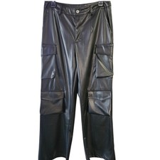 Women's Black Faux Leather Wide-Leg Cargo Pants Pockets Button Zip Size M