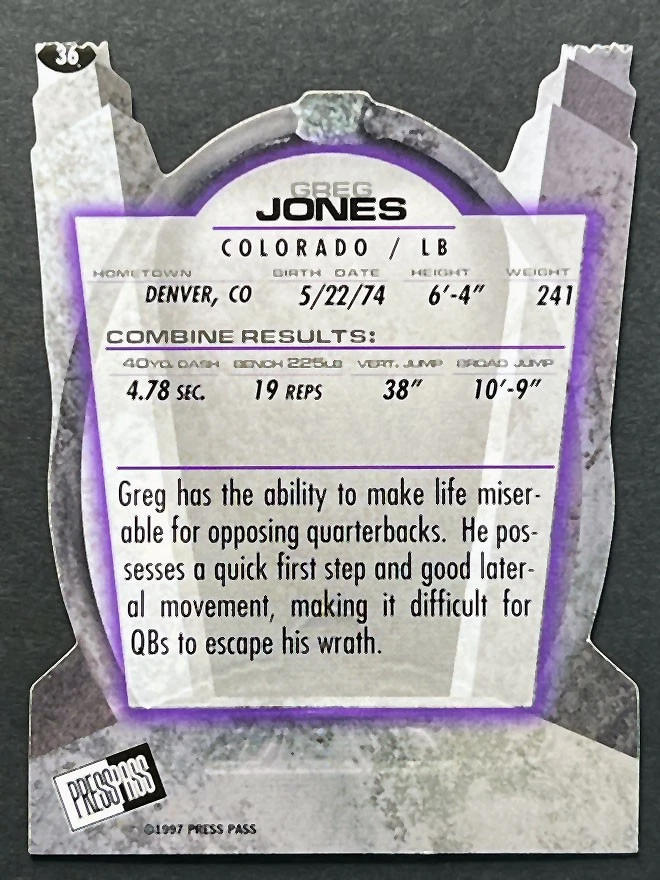 1997 Press Pass #36 Greg Jones Combine Colorado Buffaloes - Image 2 of 2