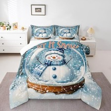 Winter Snowman Comforter,Merry Christmas Theme Dreamy Glass Full Blue White