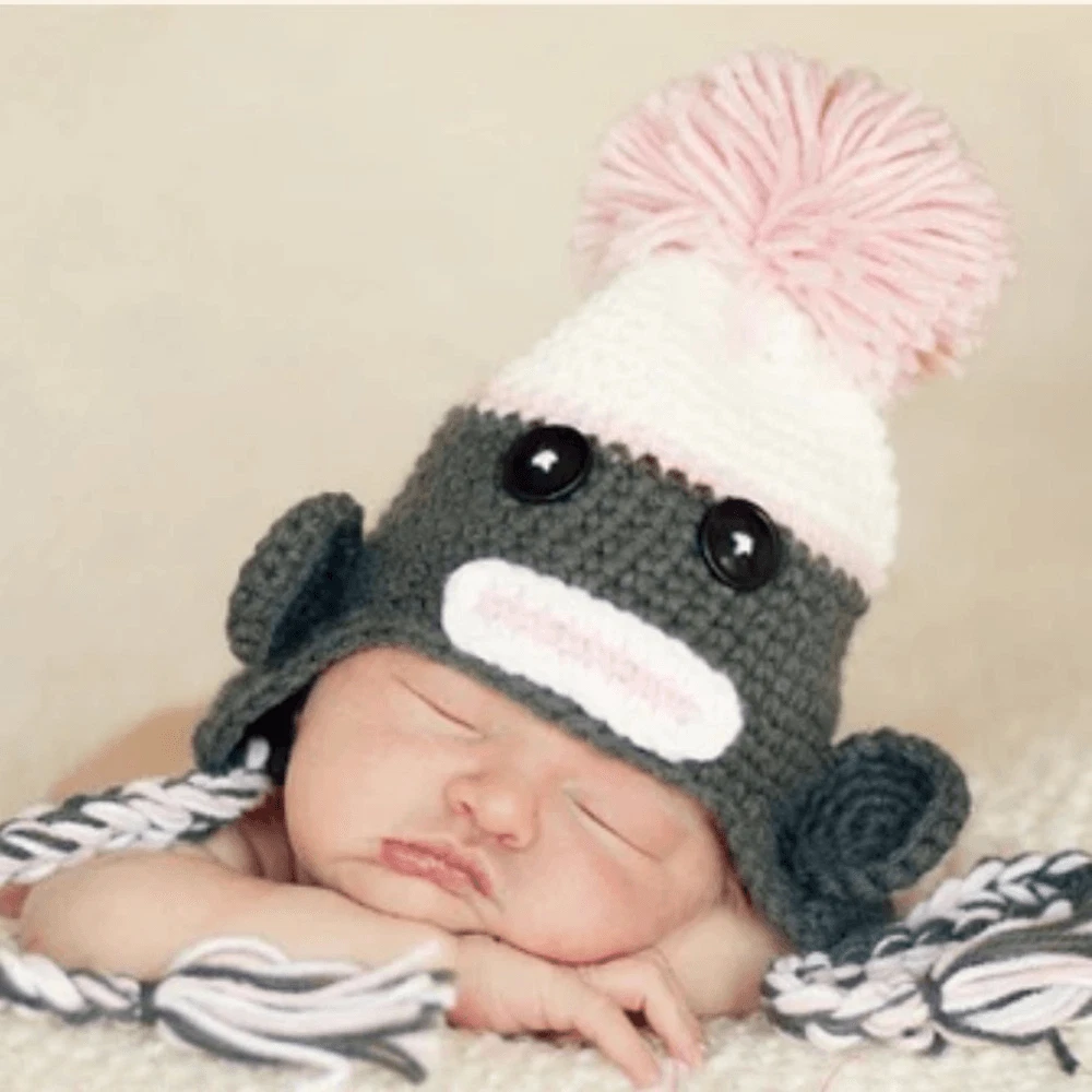 Daisy Baby Sock Monkey Beanie Hat Gray with Pink Pom 6-12 months Photography NEW