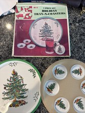 Vintage 7-częściowy zestaw świąteczna taca i podstawka zestaw biały nadruk choinki