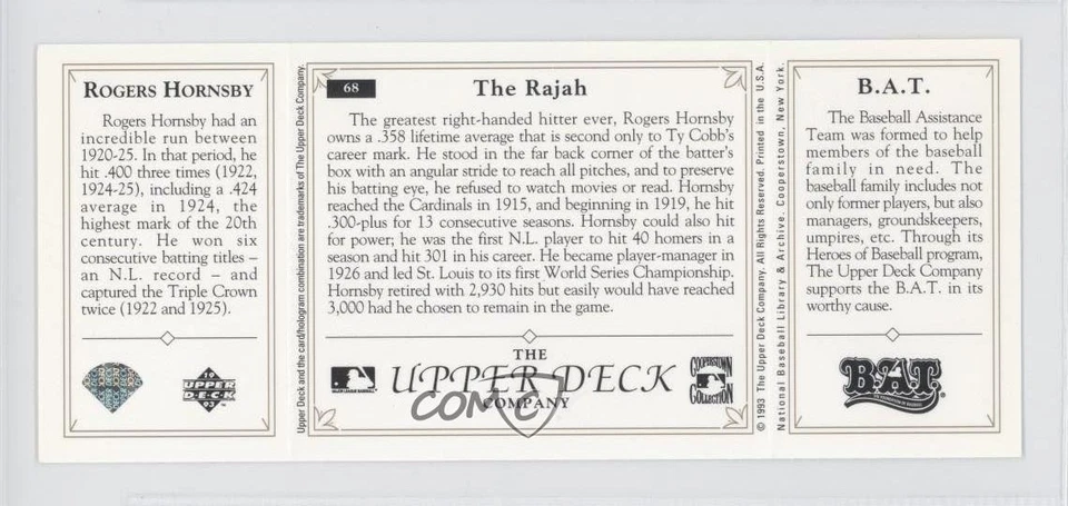 1993 Upper Deck BAT Triple-Folders Rogers Hornsby #68 HOF - Image 2 of 2