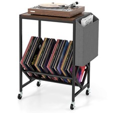 Record Player Stand w/Vinyl Record Storage Side Storage Pouch, Swivel Wheels