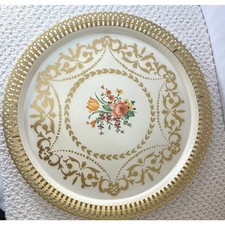 American Art Works Social Supper Tray Round Floral Raised Reticulated Edge 14.5"