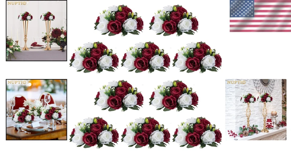 Versátiles centros de mesa de bola de rosa sintética de 10 piezas para decoración de mesa - 9,5 pulgadas de diámetro Foto 2 de 4