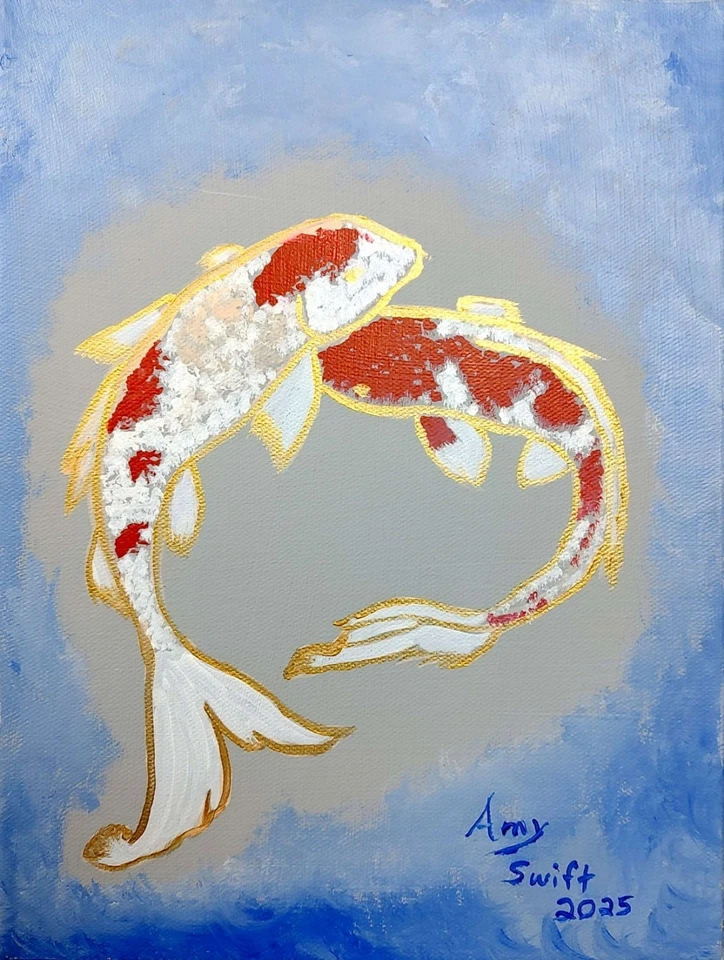 Koi Fish Painting 11 x 14 Fine Art On Canvas Original Amy Swift Asian Acrylic - Image 2 of 4