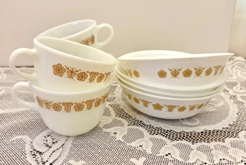 Vintage Corelle by Corning BUTTERFLY GOLD Bowls (4) + Pyrex Coffee Cups (4)