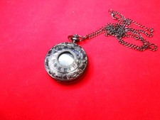 Men's Black Quartz Pocket Watch with chain and new battery installed / lot 6