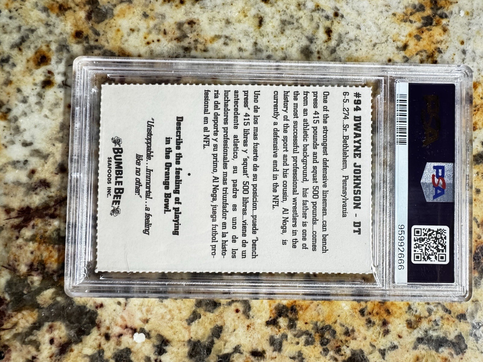 1994 Miami Bumble Bee Dwayne Johnson The Rock Rookie RC PSA 4 view 3