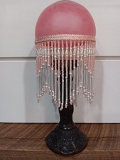 Lampada da tè boudoir vittoriana vintage con paralume frange perle vetro rosa smerigliato