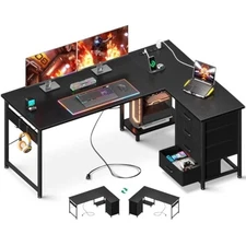 L shaped gaming desk with 4 drawers, 53" reversible home office desks 
