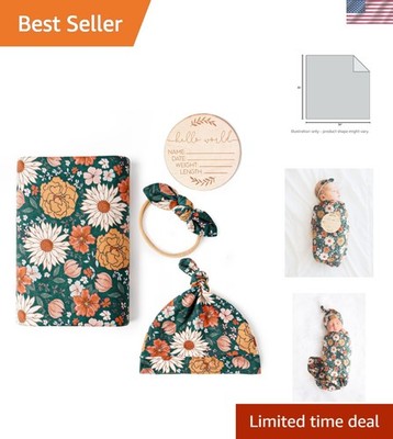Charming Newborn Girl Swaddle Blanket Set with Beanie & Birth Announcement Card