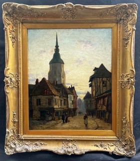 PIERRE LE BOEUFF c1899 1920 "HOLOGE TOWER" DINAN FRANCE ANTIQUE OIL PAINTING