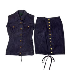 Vintage 80s Junior Jean Paul Gaultier Corset Denim Vest Skirt Set Women's 40/42
