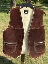 Vintage Genuine Leather Suede Shearling Lined Western Vest Tan Medium 40 Ranch