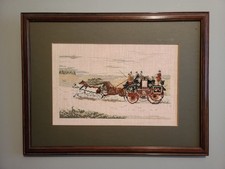 Vintage Framed Cross Stich Needlepoint Embroidery Horse  Carriage 15x20 Cottage