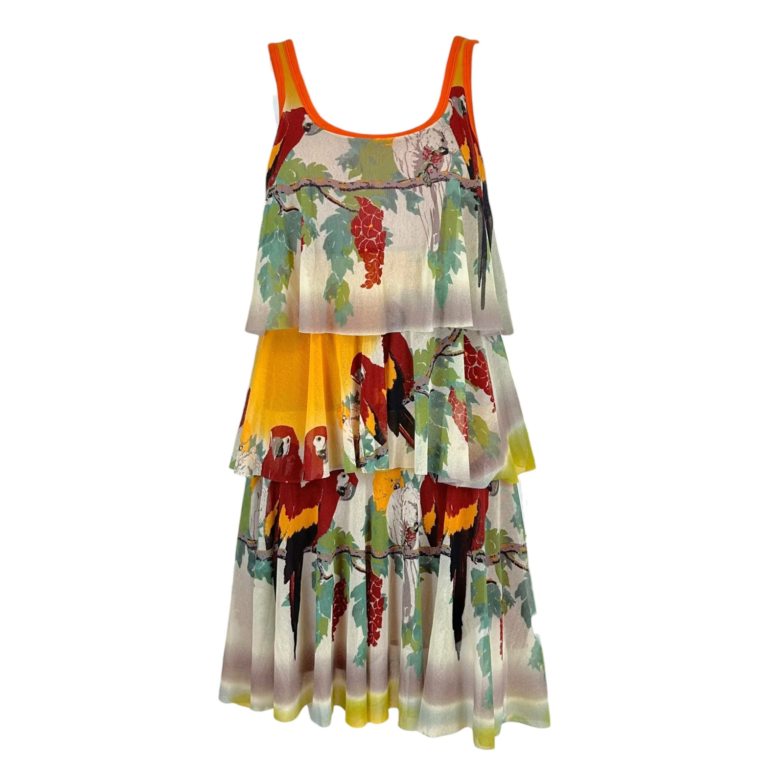 Jean Paul Gaultier Soleil Tropical Parrot Print Tiered Mesh Mini Dress
