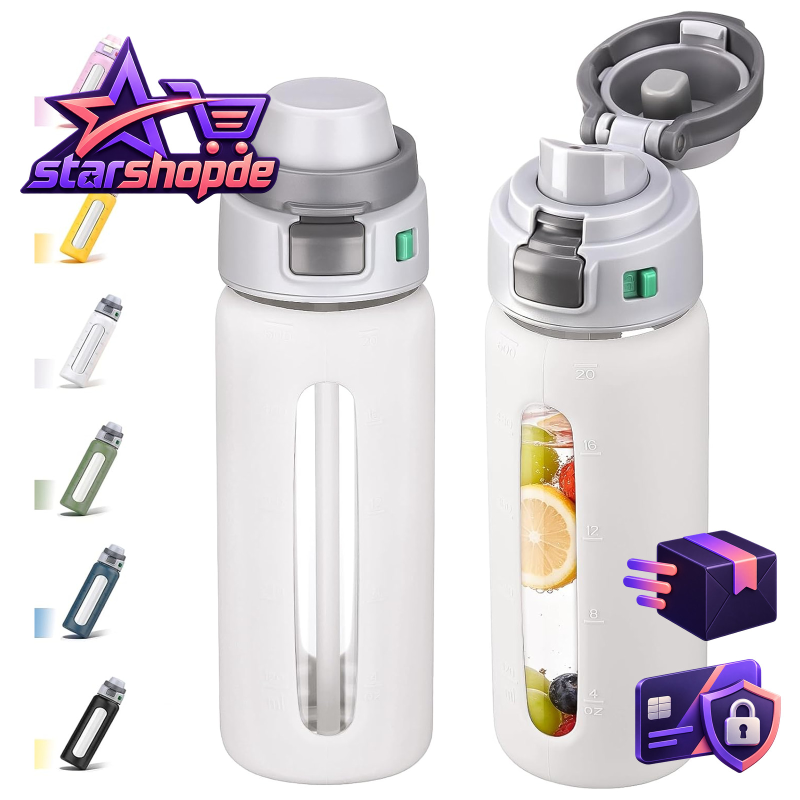 Trinkflasche Borosilikatglas 600ml mit Strohhalm Silikonhülle Auslaufsicher