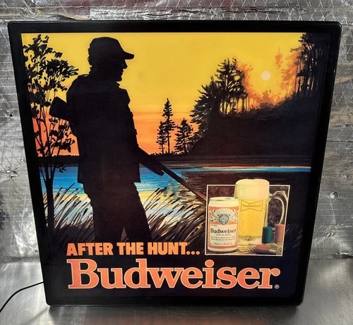 Vintage Budweiser Beer "After The Hunt" Lighted Black Box Sign