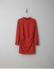 Red Solid Short A-Line Dress Mock Neck Long Bell Sleeve Polyester Elastane Women