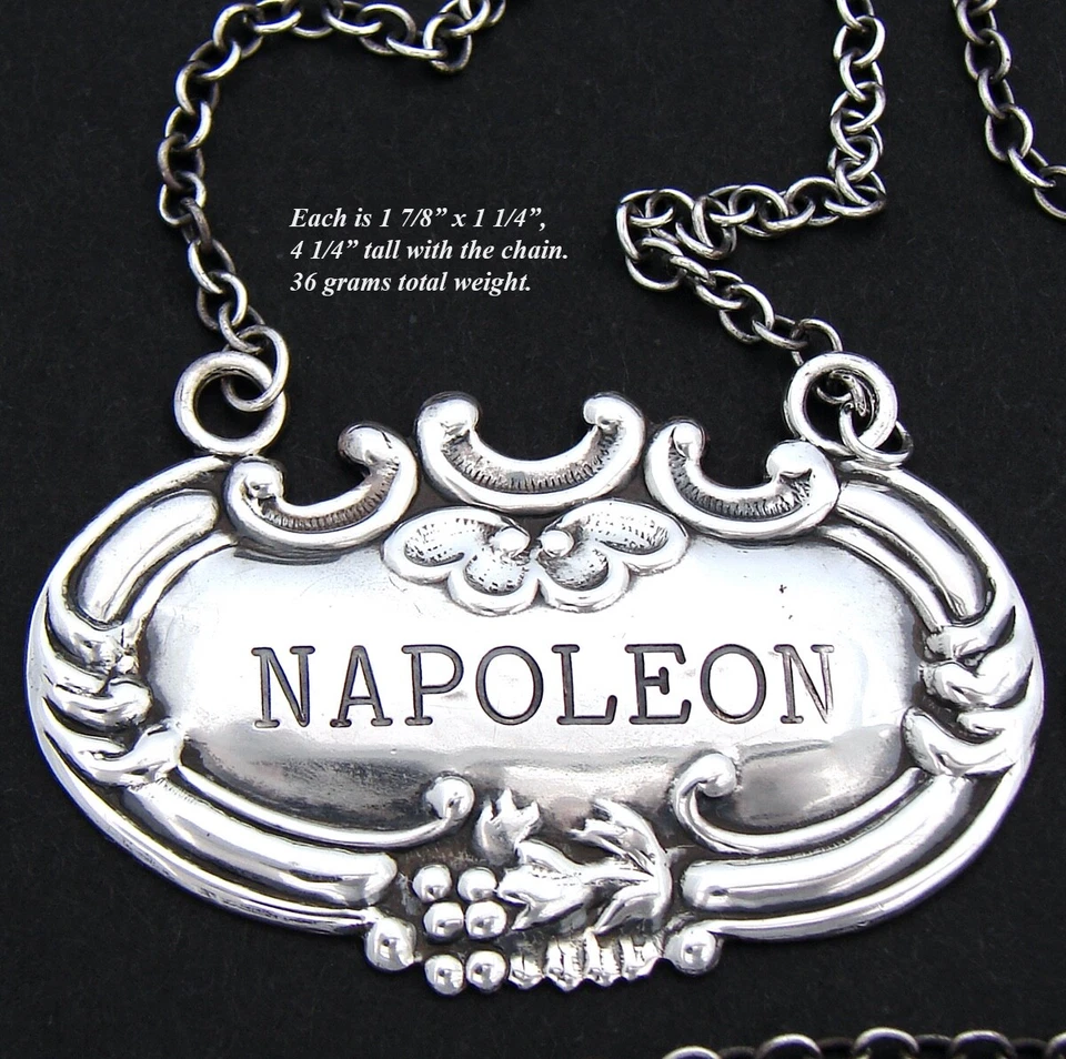 Etiquetas, etiquetas, tendrilos de desplazamiento vintage de botellas de licor de plata esterlina americana Foto 3 de 4