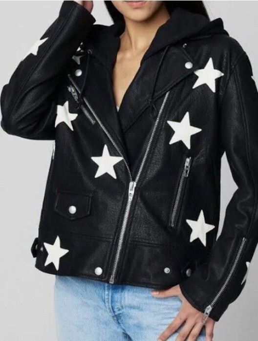 Faux Leather Motorcycle/Moto/Biker Jacket With Stars, XS