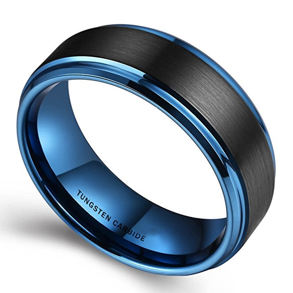 Ebay Wedding Rings For Men. 8mm Black Matte Tungsten Wedding Band w/ Blue Inlay - Image 2 of 4