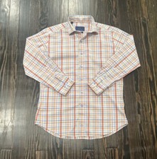 David Donahue Fusion Performance Button Up Shirt Men s Medium Plaid White Blue