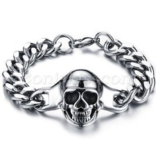 Punk Rock Stainless Steel Skull Head Mens Polished Bracelet Chain Cool Wristband
