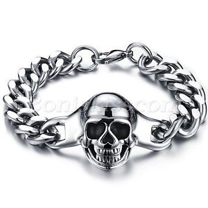 Punk Men's Wide Heavy Stainless Steel Skull Bracelet Jewelry Link Wristband Gift