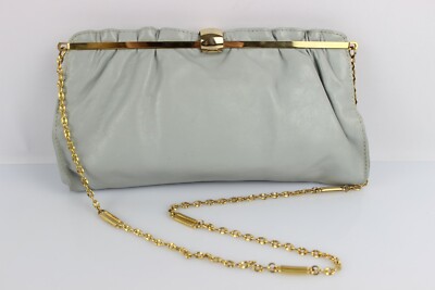 Sac Pochette Vintage En Cuir Gris Clair - Chaine Dorée - Très Bon État - Occasion