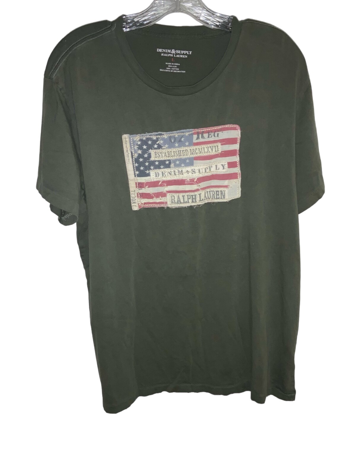 Men's Ralph Lauren Denim & Supply Olive Green Flag Print T-Shirt Size L