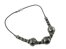 Chunky Necklace Primative Brutalist Glass Beads Black Metal Faux Leather  18"