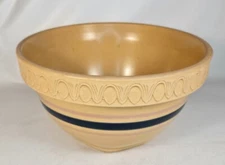 Yellow Ware Bowl Over and Back Brand Blue and Pink Bands 9 inch