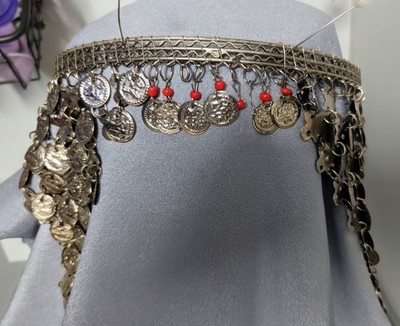 Egytian Silver Tone Coin Head Band w/red beads & silver chain hook