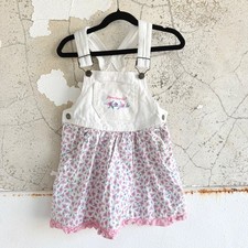 Vintage Jordache Overall Dress Girls 5 Floral Denim Jumper White Pink 90s