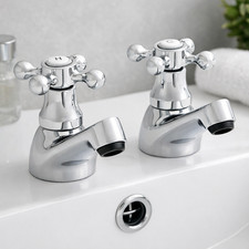 Traditional Chrome Basin Taps Hot Cold Pair Crosshead Victorian Low Pressure