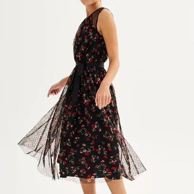 DRAPER JAMES RSVP Sleeveless Clip Dot Black Roses Tulle Dress Holiday 2X