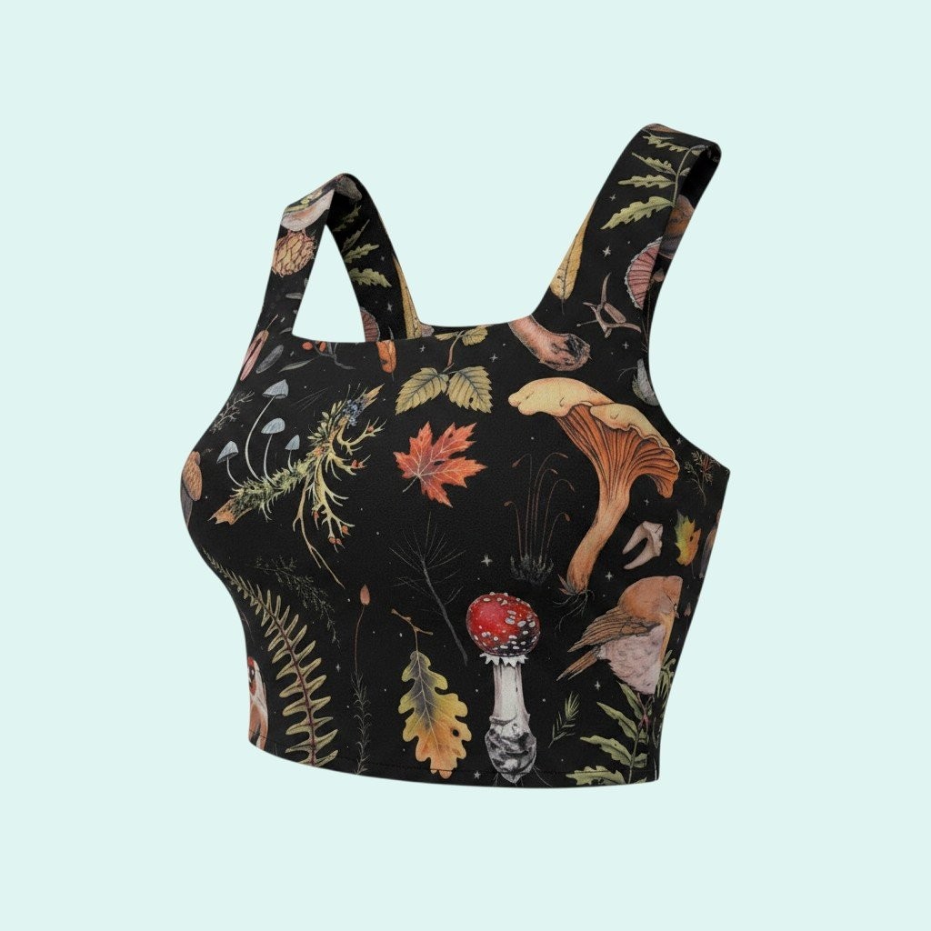 Coramoon XL Woodland Mushroom Bird Print Cottagecore Crop Tank