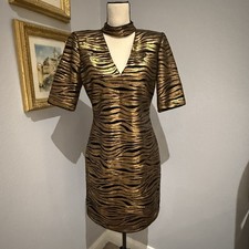 NEW Alice + Olivia Inka Gold Zebra Stripe Sequin V Neck Party Dress Mini Size 12