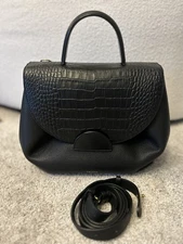 Polène Numero Un Black Leather Croc Handbag Crossbody Purse