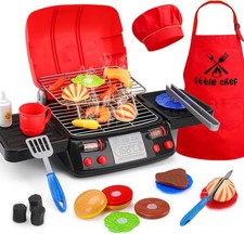 Kids Grill Playset Kitchen Toys with Apron Hat for Cooking Food Smoke Light Outd