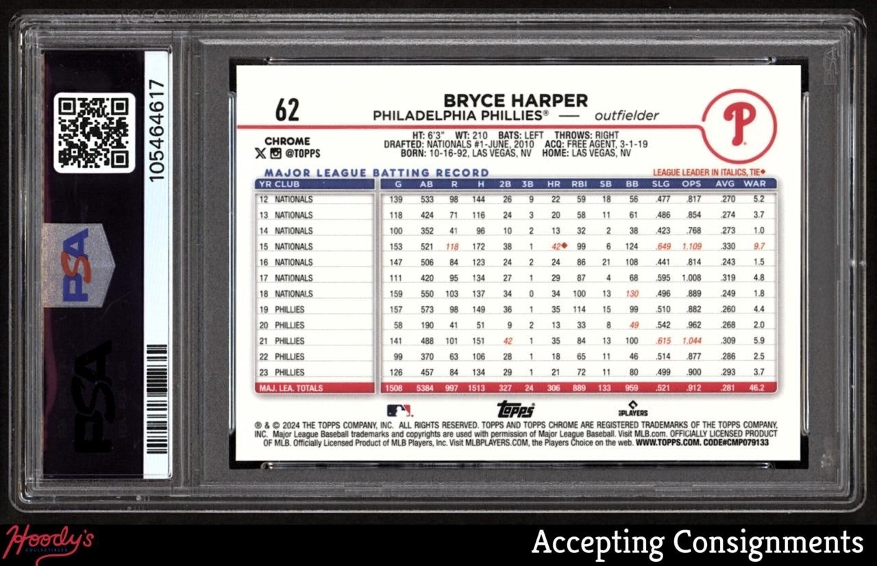 2024 Topps Chrome Logofractor Black Refractors #62 Bryce Harper 08/10 PSA 10 view 2