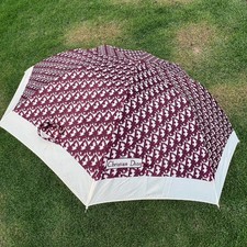 Vtg Christian Dior Paris Umbrella Burgundy Beige Monogram Parapluies Parasol 80