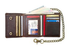 RFID Blocking Black Men's Premium Cowhide Leather Biker's Chain Trifold Wallet