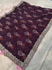 Women Wine Bandhej Georgette Saree with Pitton Zari Embroidery Sequins Border