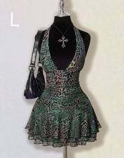 SheIn Women's L Green Leopard Print Mini Dress Halter Layered Skirt Sleeveless