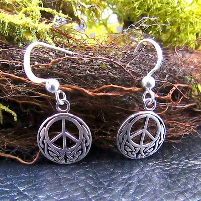 Massive 925 Sterling Silber Peace Zeichen Tropfen Ohrhänger Haken Ohrringe keltische Knotenarbeit