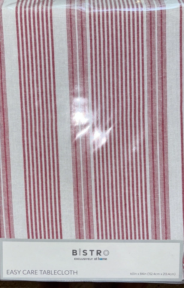 At HOME Bistro Exclusive Cloth Striped Tablecloth White Red Stripes -  60" x 84" - Image 3 of 4